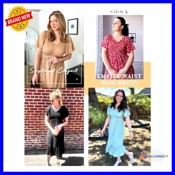 Summer Empire Waist Midi Dress Smocked V-Neck Flutter Sleeve - Picture 6 of 7